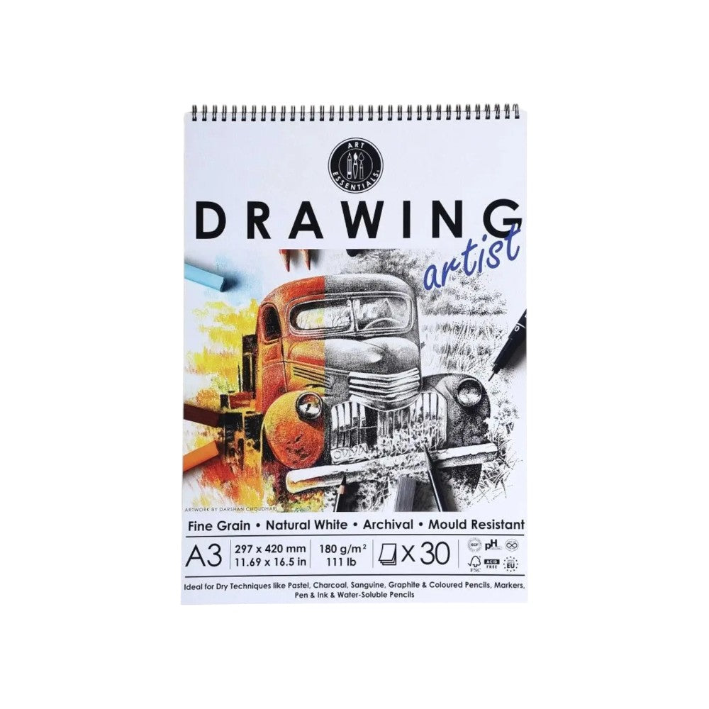 Art Essentials Artist Drawing Paper Natural White Fine Grain 180GSM,30SHT - Spiral Pad Canvazo